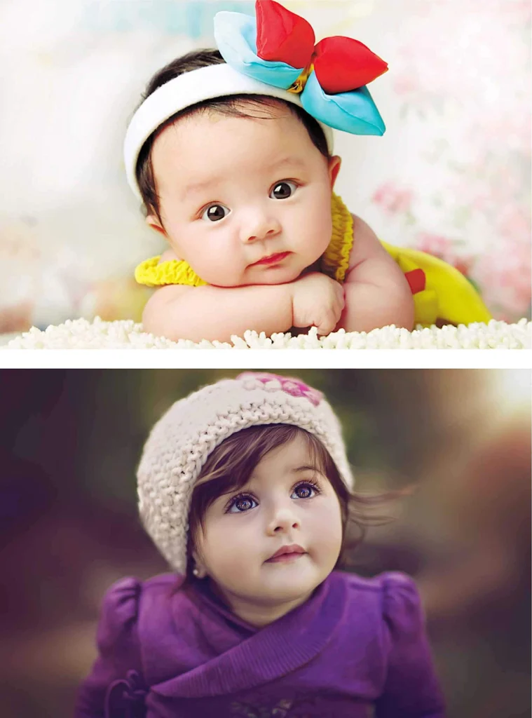 two adorable babies, one a newborn with a colorful bow and the other a toddler in a cozy hat, both with big eyes